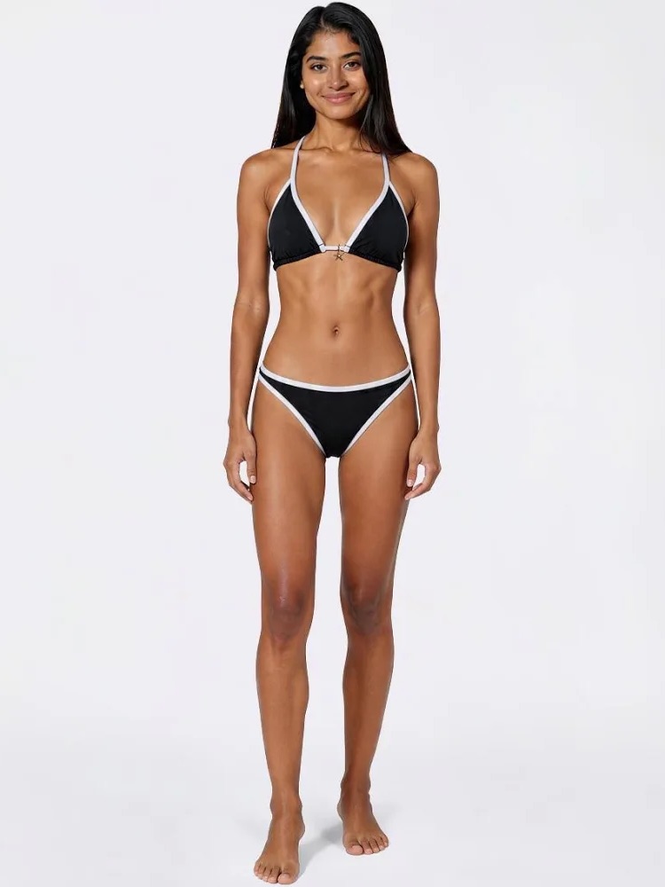Black With White Trim Triangle Bikini Set - Women Swim